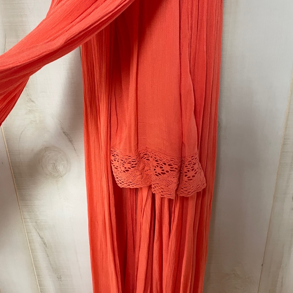 Free People Orange Pink Lacy V Neck Tie Back Maxi Overskirt Dress Sz XS - Picture 6 of 7